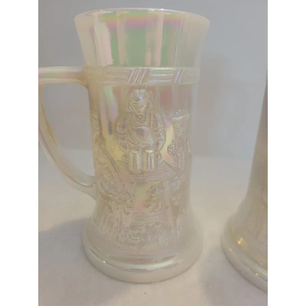 Vintage Colonial Village Iridescent Milk Glass Mug Candle Holders Set of 2 White